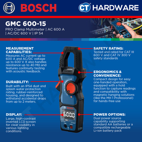 Bosch PRO GMC 600-15 Clamp Meter 600A 600V AC/DC IP54 [0601077600]