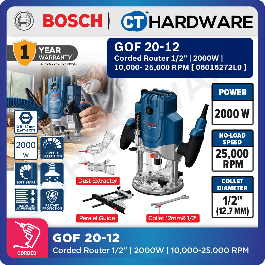 Bosch GOF 20-12 Corded Router 1/2" Come With Parallel Guide, Dust Extractor & Collet 12MM & 1/2" GOF2012