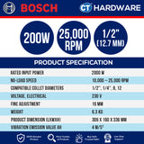 Bosch GOF 20-12 Corded Router 1/2" Come With Parallel Guide, Dust Extractor & Collet 12MM & 1/2" GOF2012