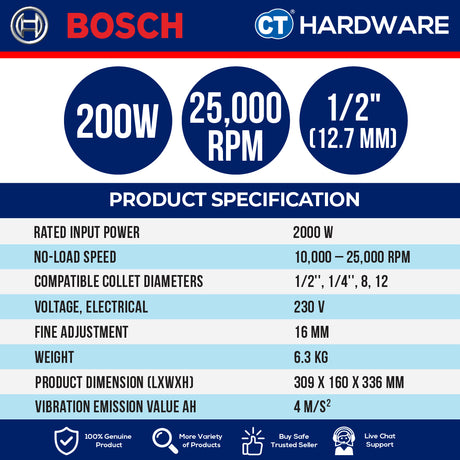 Bosch GOF 20-12 Corded Router 1/2" Come With Parallel Guide, Dust Extractor & Collet 12MM & 1/2" GOF2012