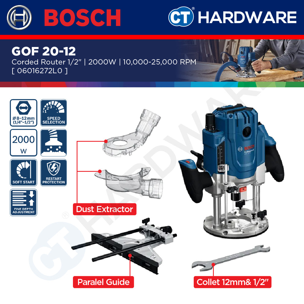 Bosch GOF 20-12 Corded Router 1/2" Come With Parallel Guide, Dust Extractor & Collet 12MM & 1/2" GOF2012