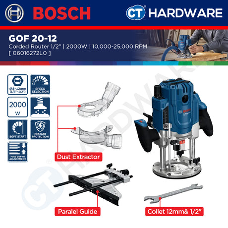 Bosch GOF 20-12 Corded Router 1/2" Come With Parallel Guide, Dust Extractor & Collet 12MM & 1/2" GOF2012