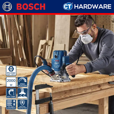 Bosch GOF 20-12 Corded Router 1/2" Come With Parallel Guide, Dust Extractor & Collet 12MM & 1/2" GOF2012