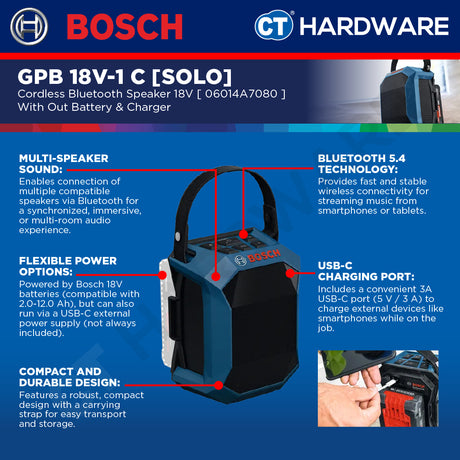 Bosch PRO GPB 18V-1 C Cordless Bluetooth Speaker 18V 06014A7080 (Body Only | 1-Battery)