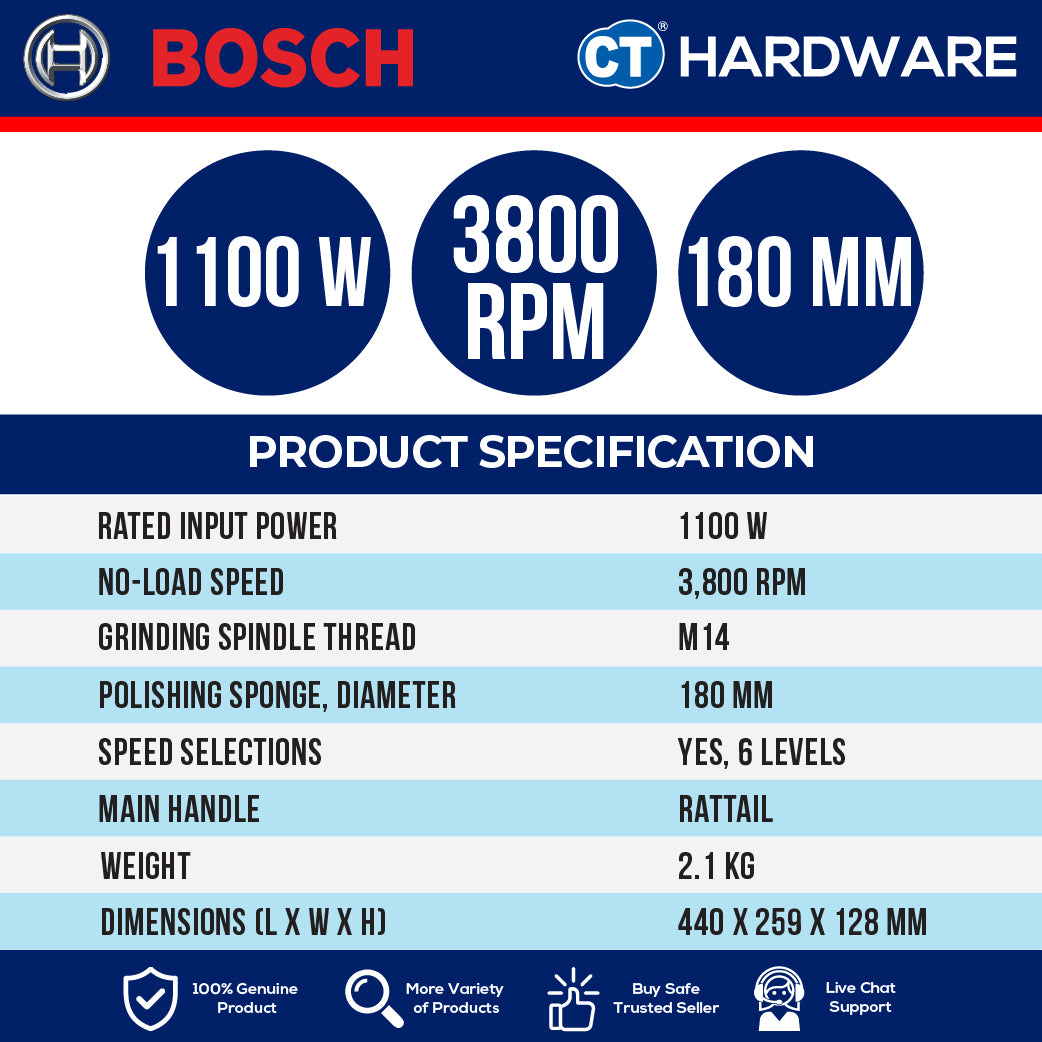 Bosch GPO11180S Corded Polisher 7" 180MM | 1100W | 14M | 900-3800RPM