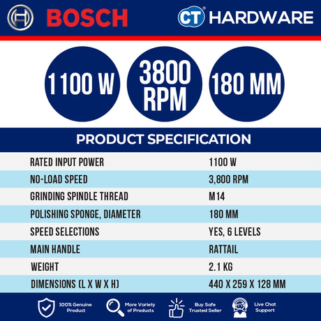 Bosch GPO11180S Corded Polisher 7" 180MM | 1100W | 14M | 900-3800RPM