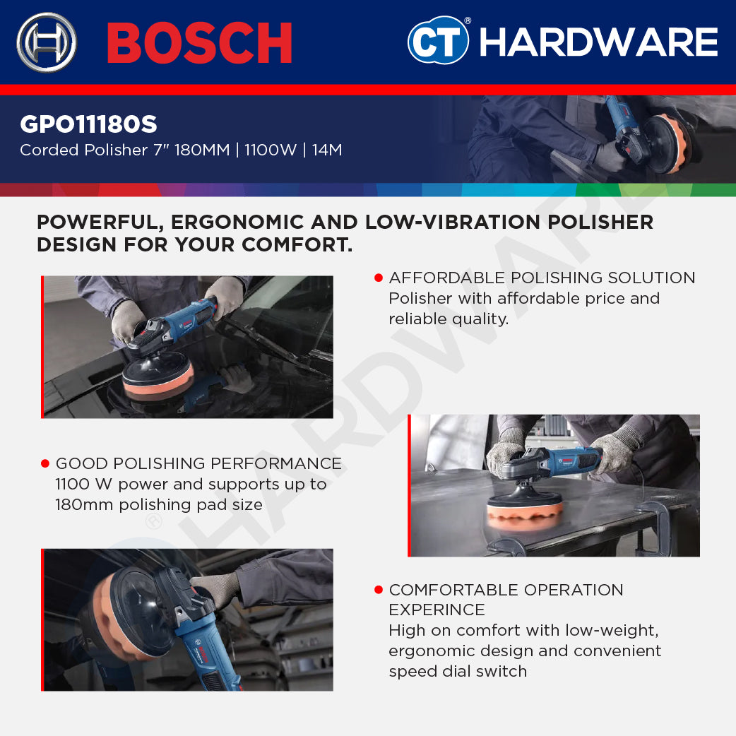 Bosch GPO11180S Corded Polisher 7" 180MM | 1100W | 14M | 900-3800RPM