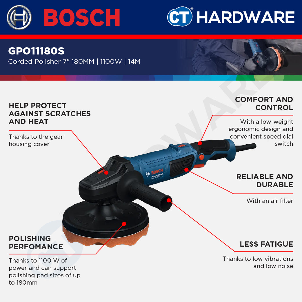 Bosch GPO11180S Corded Polisher 7" 180MM | 1100W | 14M | 900-3800RPM
