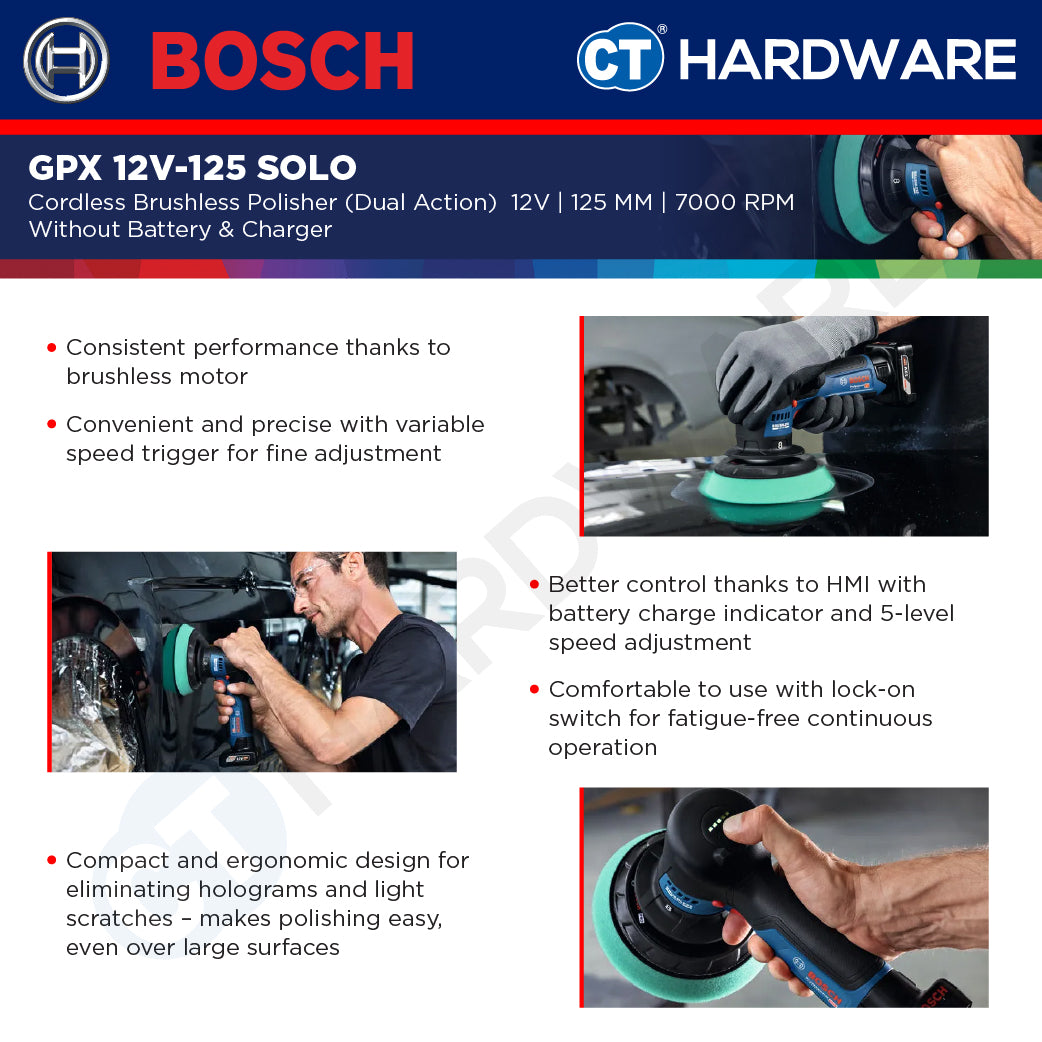 Bosch GPX 12V-125 SOLO Cordless Brushless Polisher (Dual Action) 12V | 125 MM Without Battery & Charger | GPX12V125SOLO