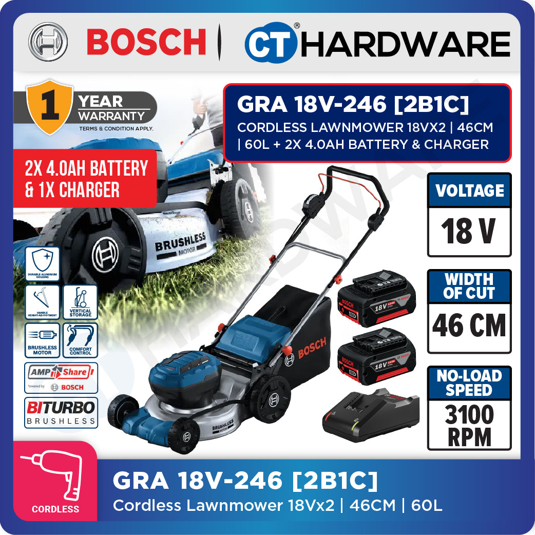 Bosch GRA 18V-246 SOLO Cordless Lawnmower 18Vx2, 46CM, 60L Without Battery & Charger, GRA18V246SOLO