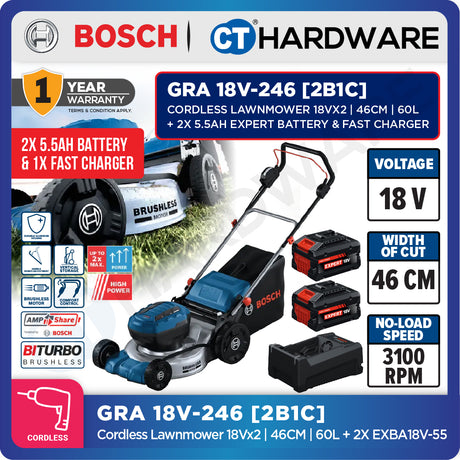 Bosch GRA 18V-246 SOLO Cordless Lawnmower 18Vx2, 46CM, 60L Without Battery & Charger, GRA18V246SOLO