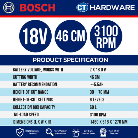 Bosch GRA18V246SOLO Cordless Lawnmower 18Vx2 | 46CM | 60L Without Battery & Charger [ SOLO UNIT ]
