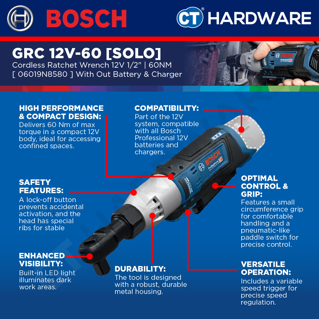 Bosch PRO GRC 12V-60 1/2 SN Cordless Ratchet Wrench 12V 06019N8580 (Body Only | 1-Battery)