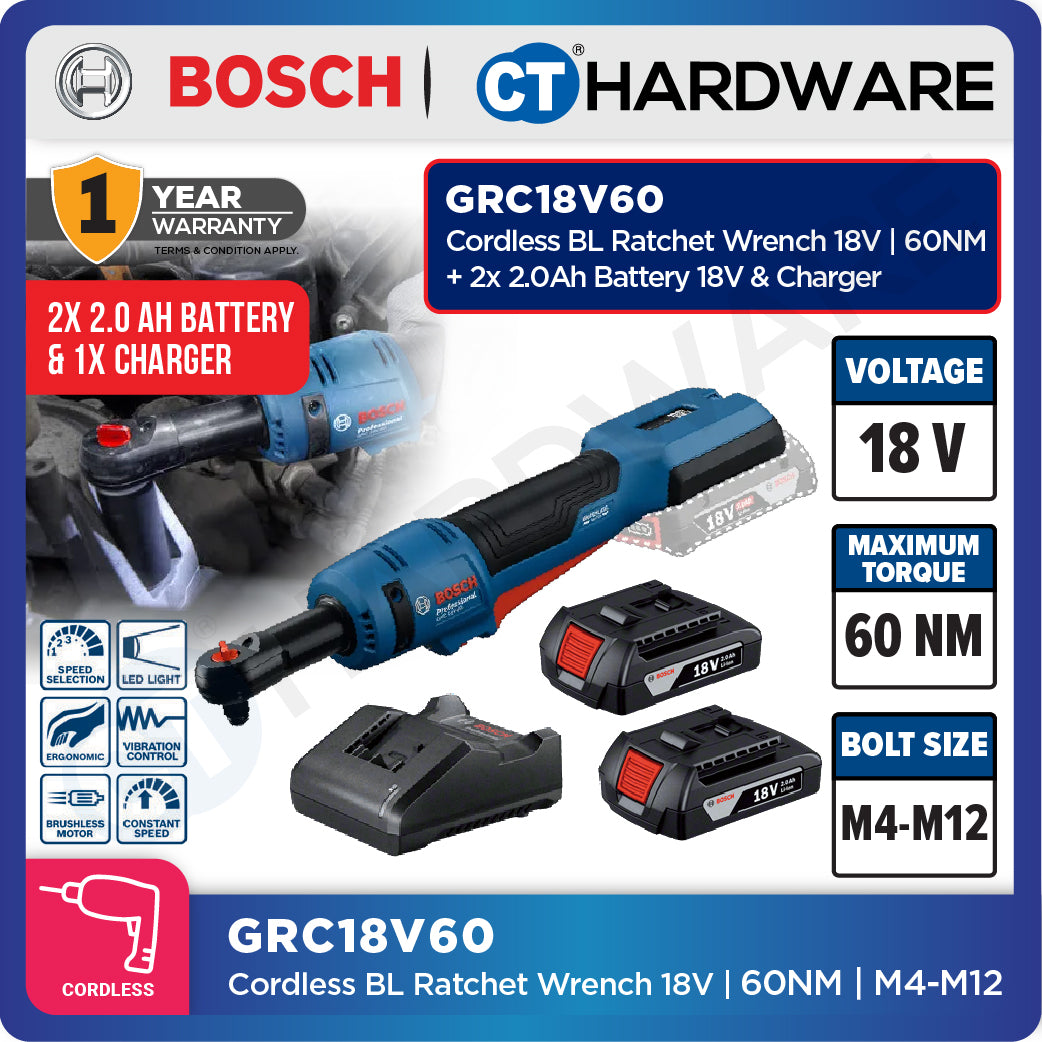 Bosch GRC18V60 Cordless Brushless Ratchet Wrench 18V | 60NM | M4-M12 Come with 2x 2.0Ah 18V Battery & Charger