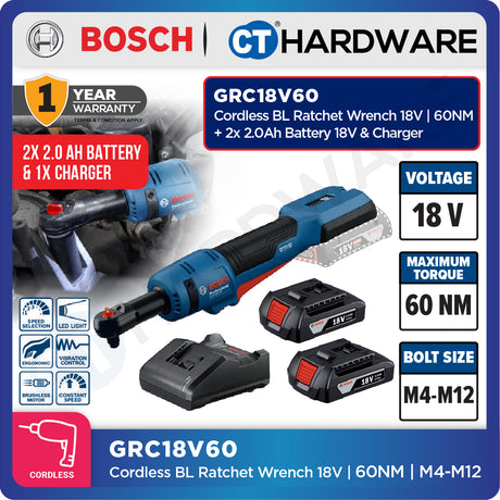Bosch GRC18V60 Cordless Brushless Ratchet Wrench 18V | 60NM | M4-M12 Come with 2x 2.0Ah 18V Battery & Charger
