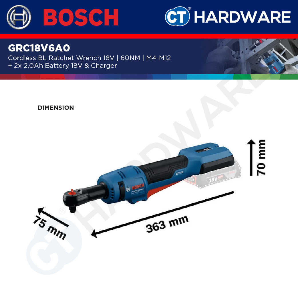 Bosch GRC18V60 Cordless Brushless Ratchet Wrench 18V | 60NM | M4-M12 Come with 2x 2.0Ah 18V Battery & Charger