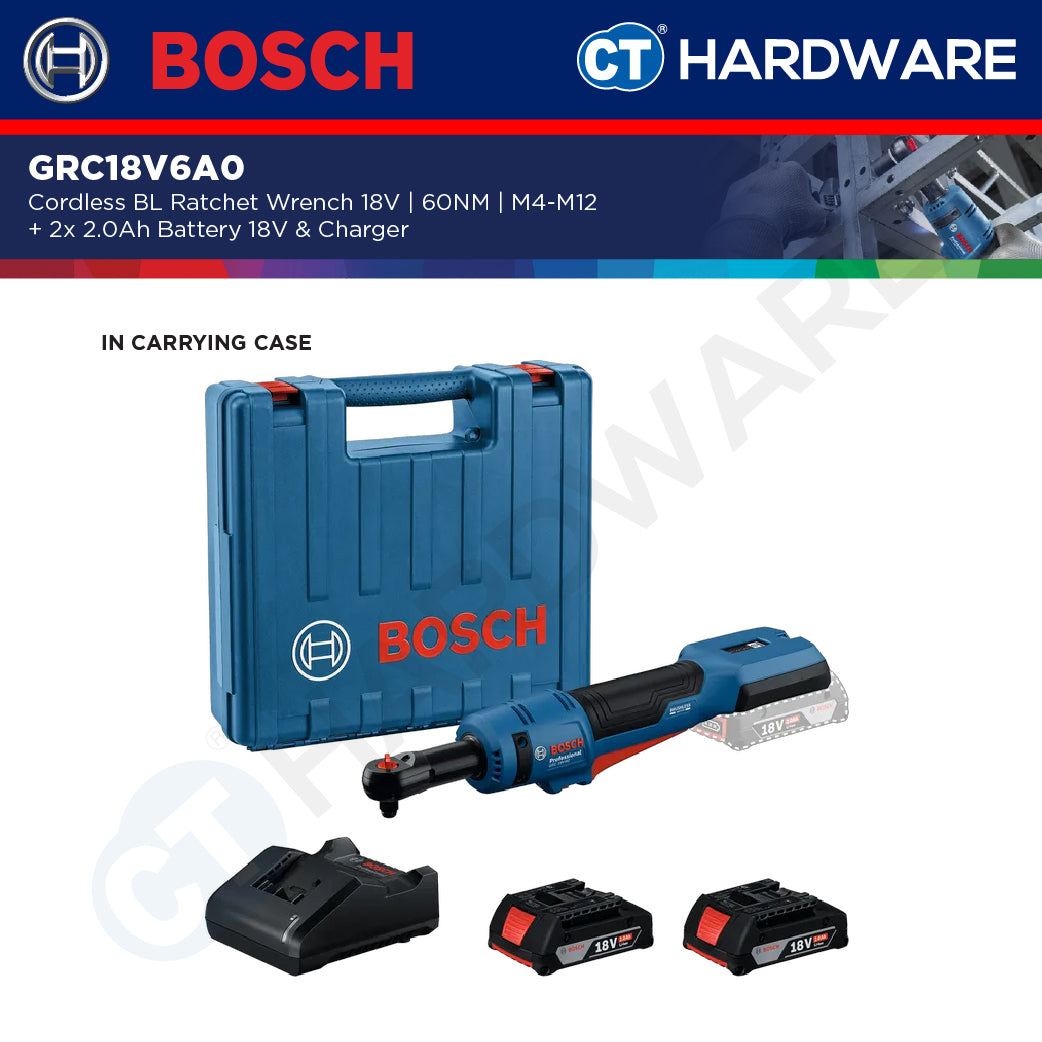 Bosch GRC18V60 Cordless Brushless Ratchet Wrench 18V | 60NM | M4-M12 Come with 2x 2.0Ah 18V Battery & Charger