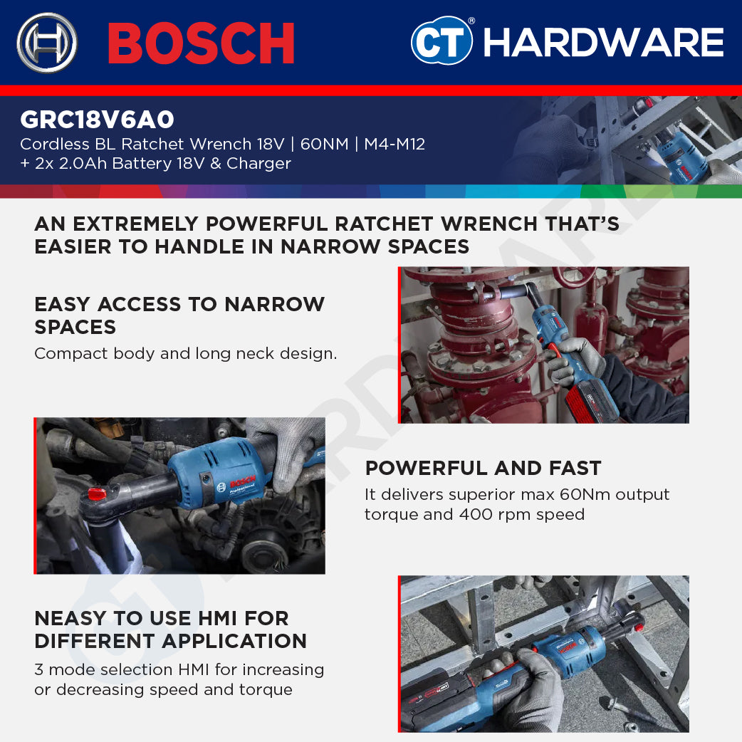 Bosch GRC18V60 Cordless Brushless Ratchet Wrench 18V | 60NM | M4-M12 Come with 2x 2.0Ah 18V Battery & Charger