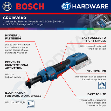 Bosch GRC18V60 Cordless Brushless Ratchet Wrench 18V | 60NM | M4-M12 Come with 2x 2.0Ah 18V Battery & Charger