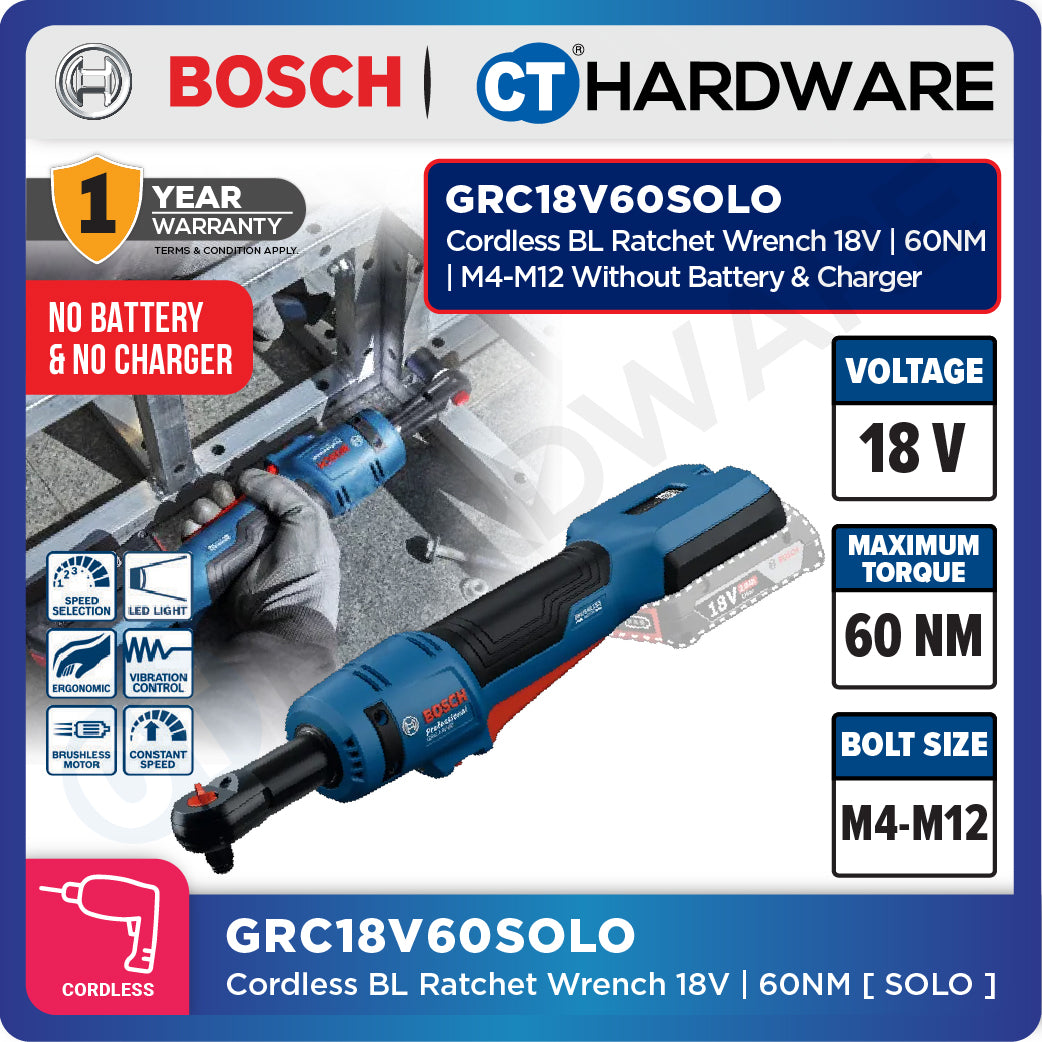 Bosch GRC18V60 Cordless Brushless Ratchet Wrench 18V | 60NM | M4-M12 Come with 2x 2.0Ah 18V Battery & Charger
