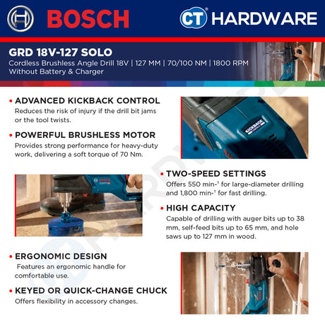 Bosch GRD 18V-127 SOLO Cordless Brushless Angle Drill 18V | 127MM | 06019N5000 Without Battery & Charger | GRD18V127SOLO