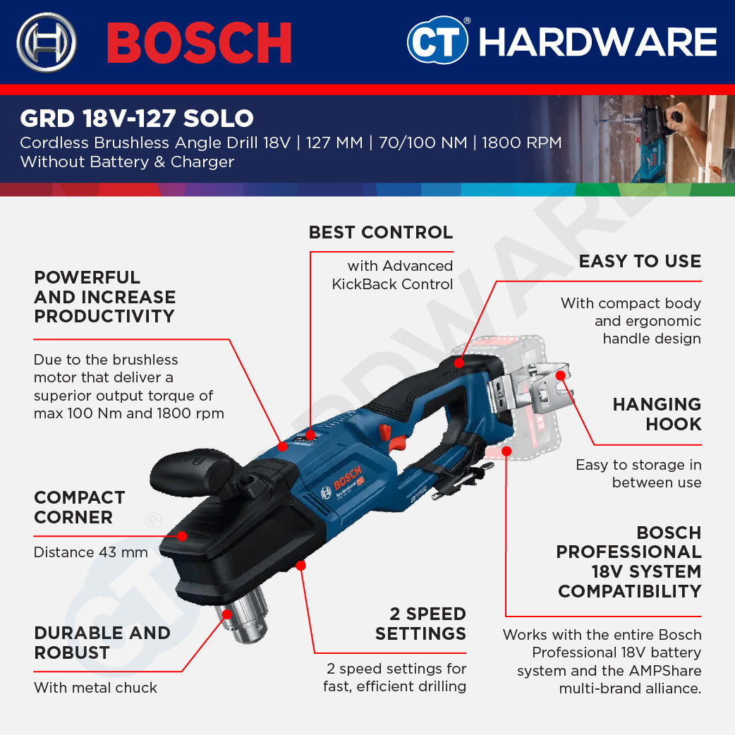 Bosch GRD 18V-127 SOLO Cordless Brushless Angle Drill 18V | 127MM | 06019N5000 Without Battery & Charger | GRD18V127SOLO