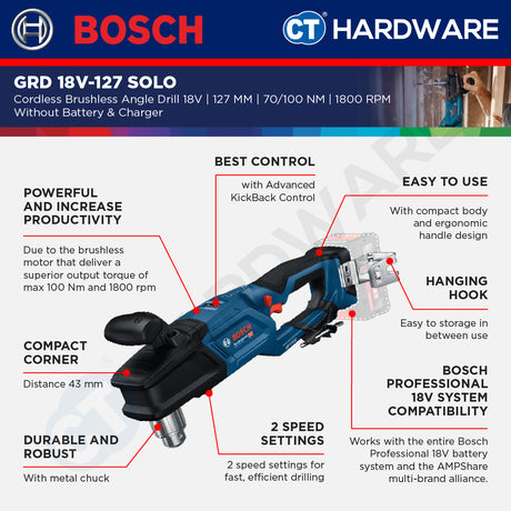 Bosch GRD 18V-127 SOLO Cordless Brushless Angle Drill 18V | 127MM | 06019N5000 Without Battery & Charger | GRD18V127SOLO