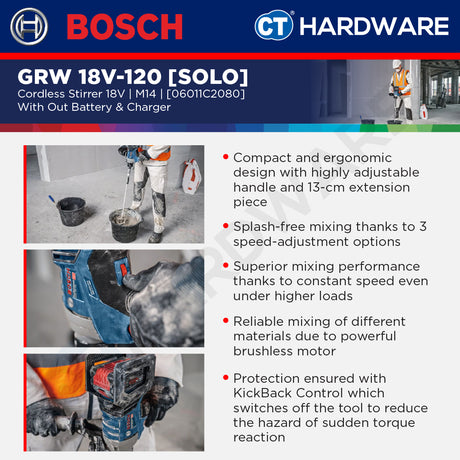 Bosch PRO GRW 18V-120 Cordless Mixer/Stirrer 18V 06011C2080 (Body Only | 1-Battery | 2-Battery)
