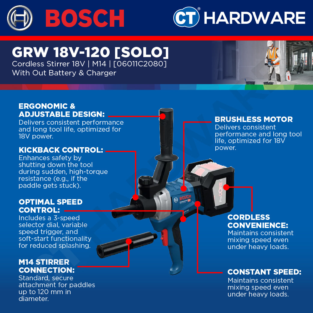 Bosch PRO GRW 18V-120 Cordless Mixer/Stirrer 18V 06011C2080 (Body Only | 1-Battery | 2-Battery)