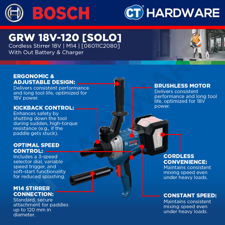 Bosch PRO GRW 18V-120 Cordless Mixer/Stirrer 18V 06011C2080 (Body Only | 1-Battery | 2-Battery)