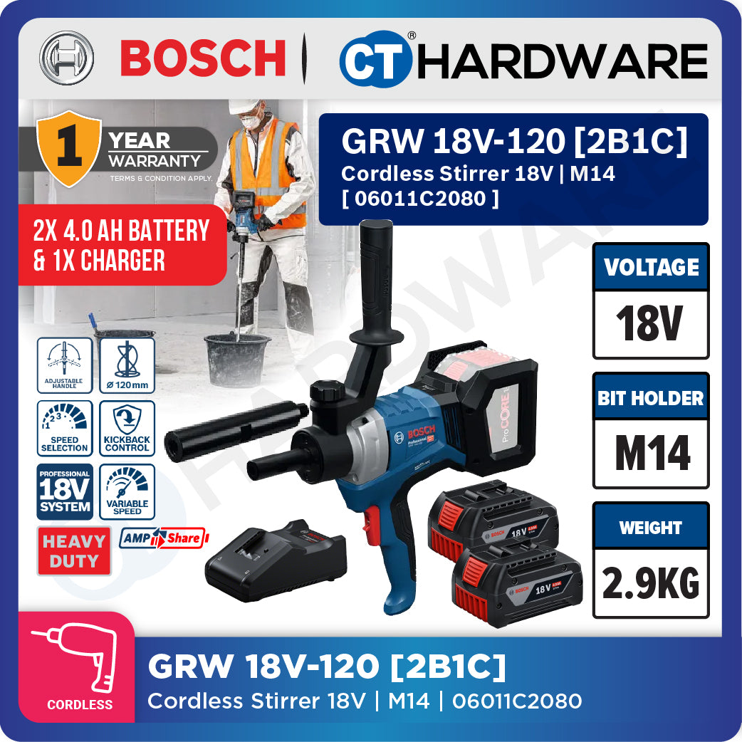 Bosch PRO GRW 18V-120 Cordless Mixer/Stirrer 18V 06011C2080 (Body Only | 1-Battery | 2-Battery)