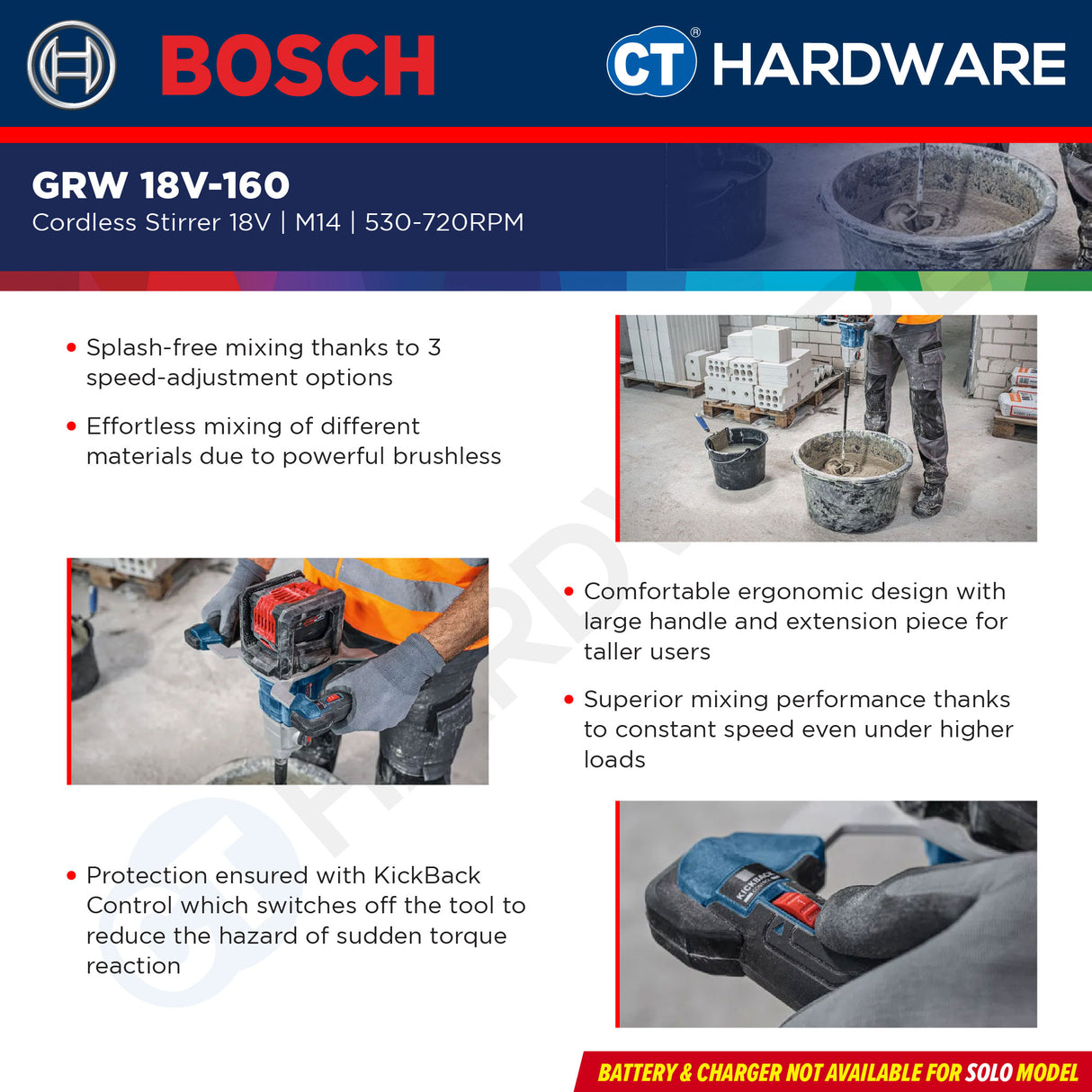 Bosch GRW 18V-160 SOLO Cordless Stirrer 18V | M14 | 530–720RPM [ GRW18V160SOLO ]