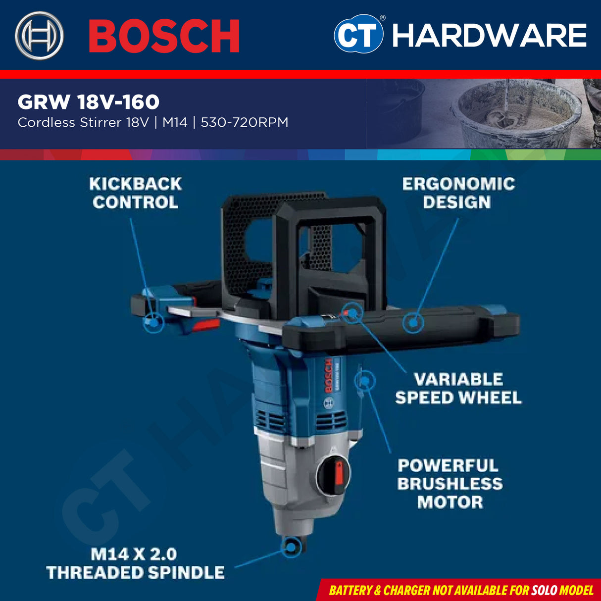 Bosch GRW 18V-160 SOLO Cordless Stirrer 18V | M14 | 530–720RPM [ GRW18V160SOLO ]