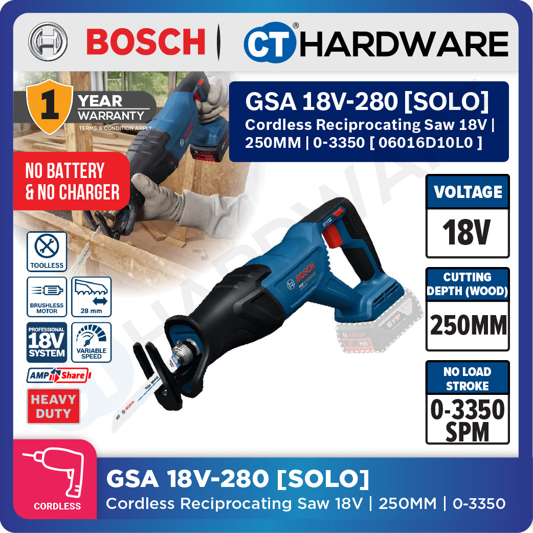 Bosch PRO GSA18V-280 Cordless Reciprocating Saw 18V 06016D10L0 (Body Only | 1-Battery | 2-Battery)
