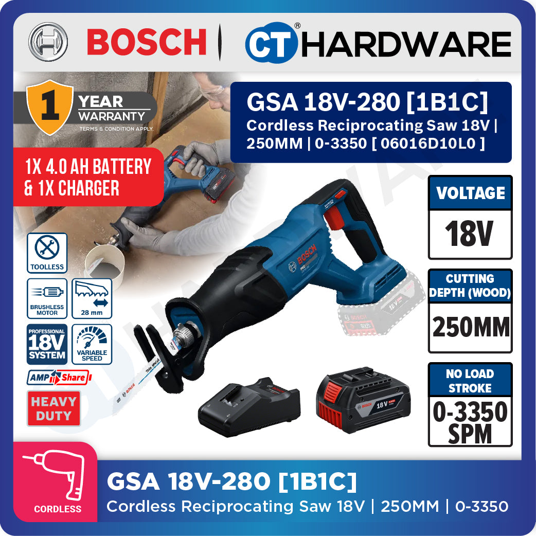 Bosch PRO GSA18V-280 Cordless Reciprocating Saw 18V 06016D10L0 (Body Only | 1-Battery | 2-Battery)