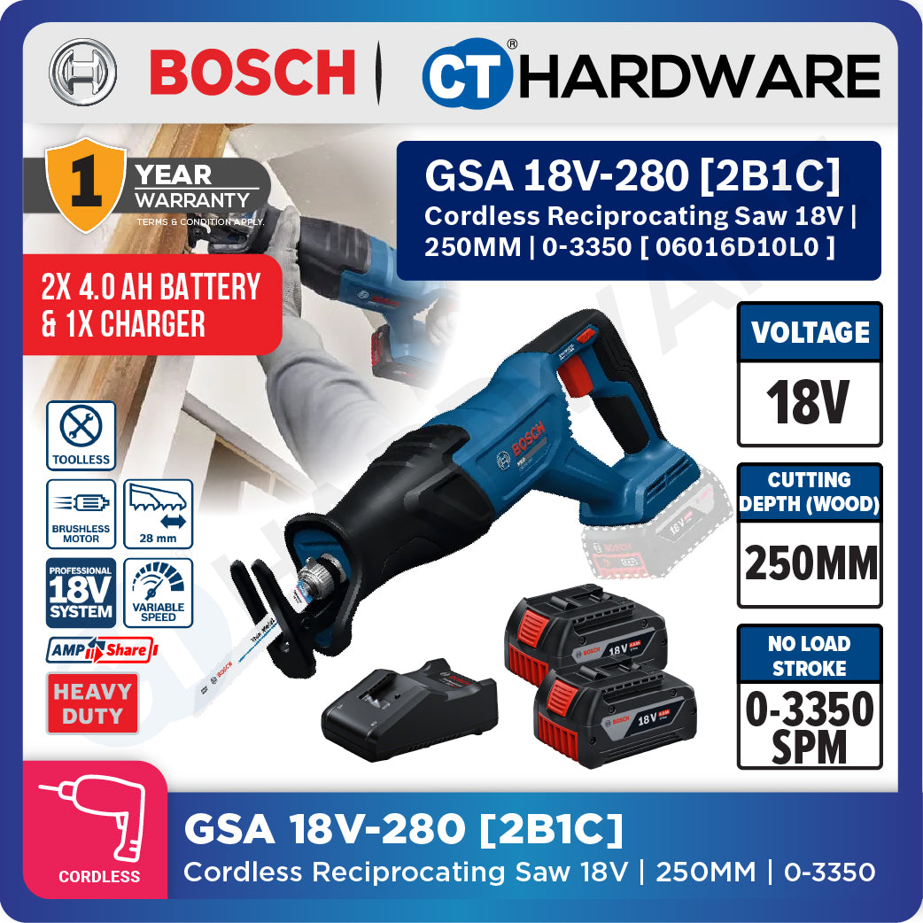Bosch PRO GSA18V-280 Cordless Reciprocating Saw 18V 06016D10L0 (Body Only | 1-Battery | 2-Battery)