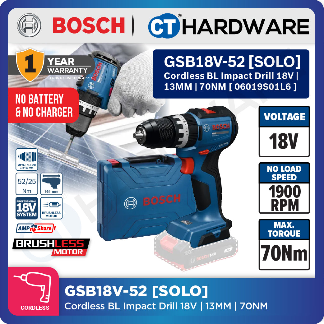 Bosch PRO GSB18V-52 Cordless Impact Drill/Driver 18V 06019S01L6 (Body Only | 1-Battery | Full Pack)