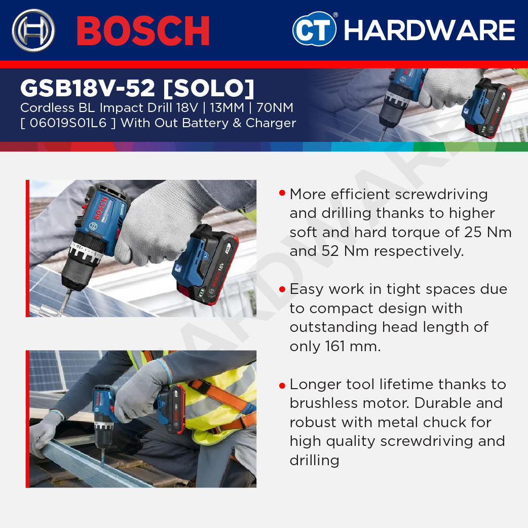 Bosch PRO GSB18V-52 Cordless Impact Drill/Driver 18V 06019S01L6 (Body Only | 1-Battery | Full Pack)