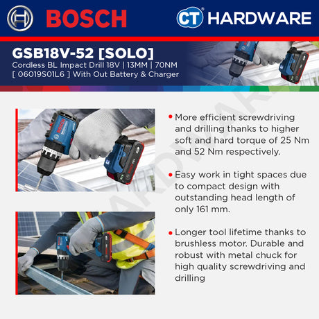 Bosch PRO GSB18V-52 Cordless Impact Drill/Driver 18V 06019S01L6 (Body Only | 1-Battery | Full Pack)