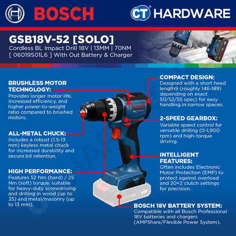 Bosch PRO GSB18V-52 Cordless Impact Drill/Driver 18V 06019S01L6 (Body Only | 1-Battery | Full Pack)