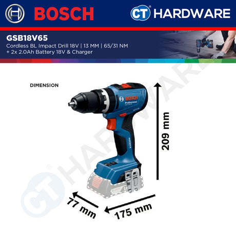 Bosch GSB18V65 Cordless Brushless Impact Drill 18V | 13 MM | 65/31NM Come with 2x 2.0Ah 18V Battery & Charger