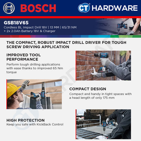 Bosch GSB18V65 Cordless Brushless Impact Drill 18V | 13 MM | 65/31NM Come with 2x 2.0Ah 18V Battery & Charger