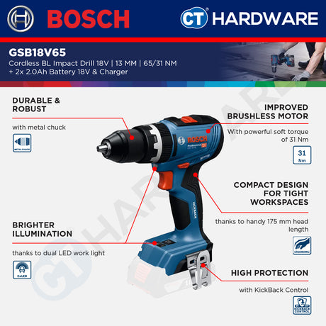 Bosch GSB18V65 Cordless Brushless Impact Drill 18V | 13 MM | 65/31NM Come with 2x 2.0Ah 18V Battery & Charger