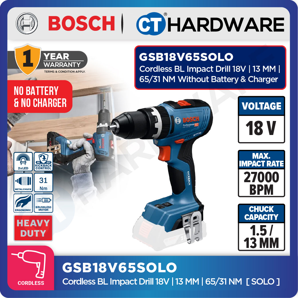 Bosch GSB18V65 Cordless Brushless Impact Drill 18V | 13 MM | 65/31NM Come with 2x 2.0Ah 18V Battery & Charger