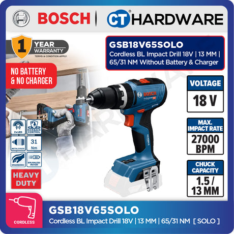 Bosch GSB18V65 Cordless Brushless Impact Drill 18V | 13 MM | 65/31NM Come with 2x 2.0Ah 18V Battery & Charger