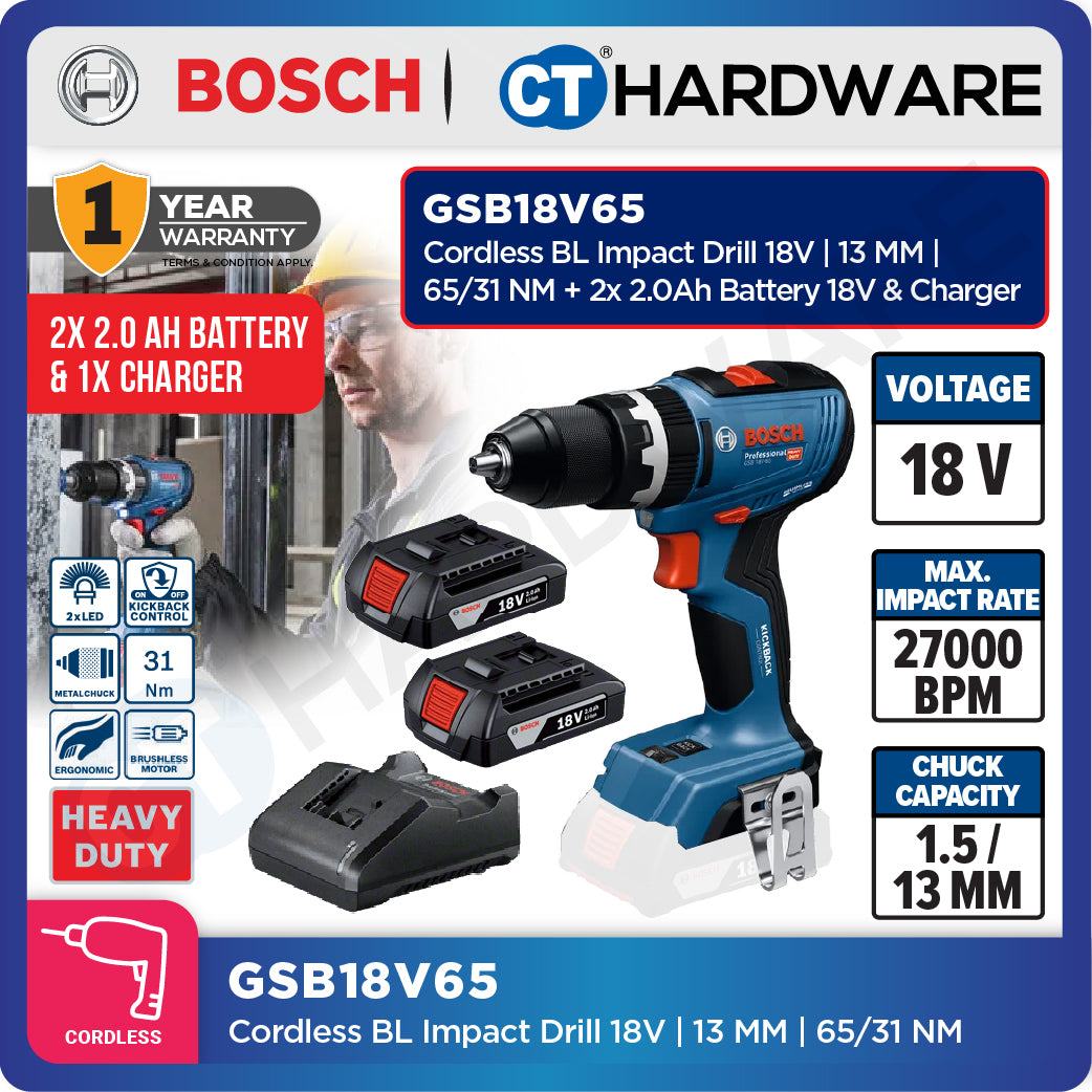 Bosch GSB18V65 Cordless Brushless Impact Drill 18V | 13 MM | 65/31NM Come with 2x 2.0Ah 18V Battery & Charger