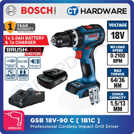 Bosch GSB 18V-90 C Professional Cordless Brushless Impact Drill 18V | SOLO | 1-Battery | 2-Battery [06019k61l0 | GSB18V90CSOLO]