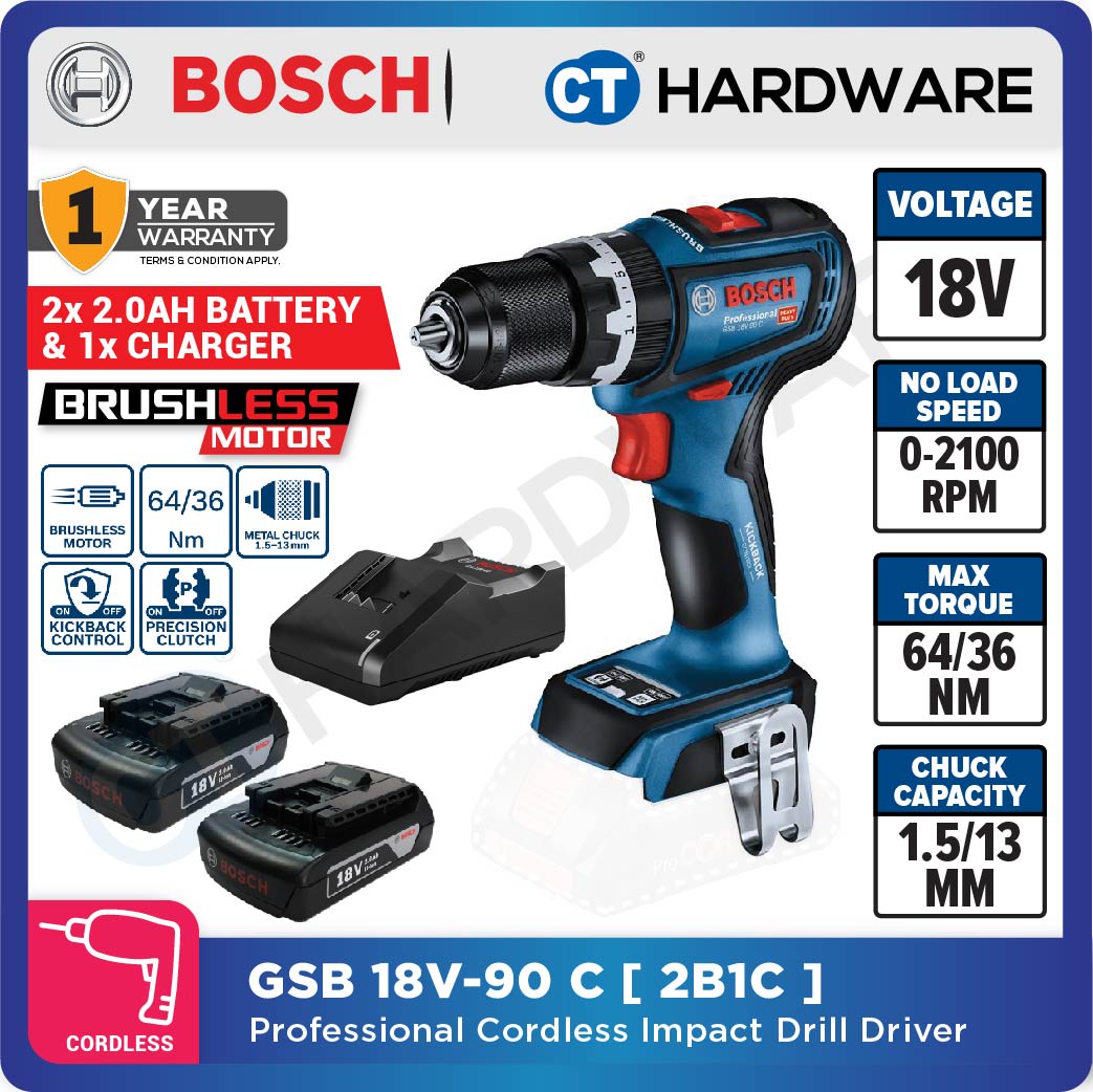 Bosch GSB 18V-90 C Professional Cordless Brushless Impact Drill 18V | SOLO | 1-Battery | 2-Battery [06019k61l0 | GSB18V90CSOLO]