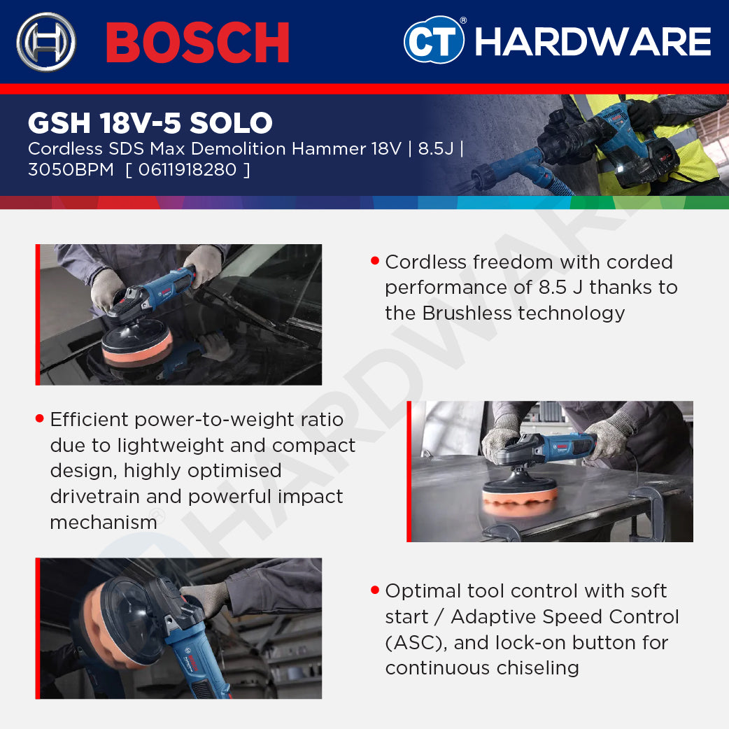 Bosch GSH 18V-5 SOLO Cordless SDS Max Demolition Hammer 18V 8.5J GSH18V5SOLO Chiseling & Demolition Works
