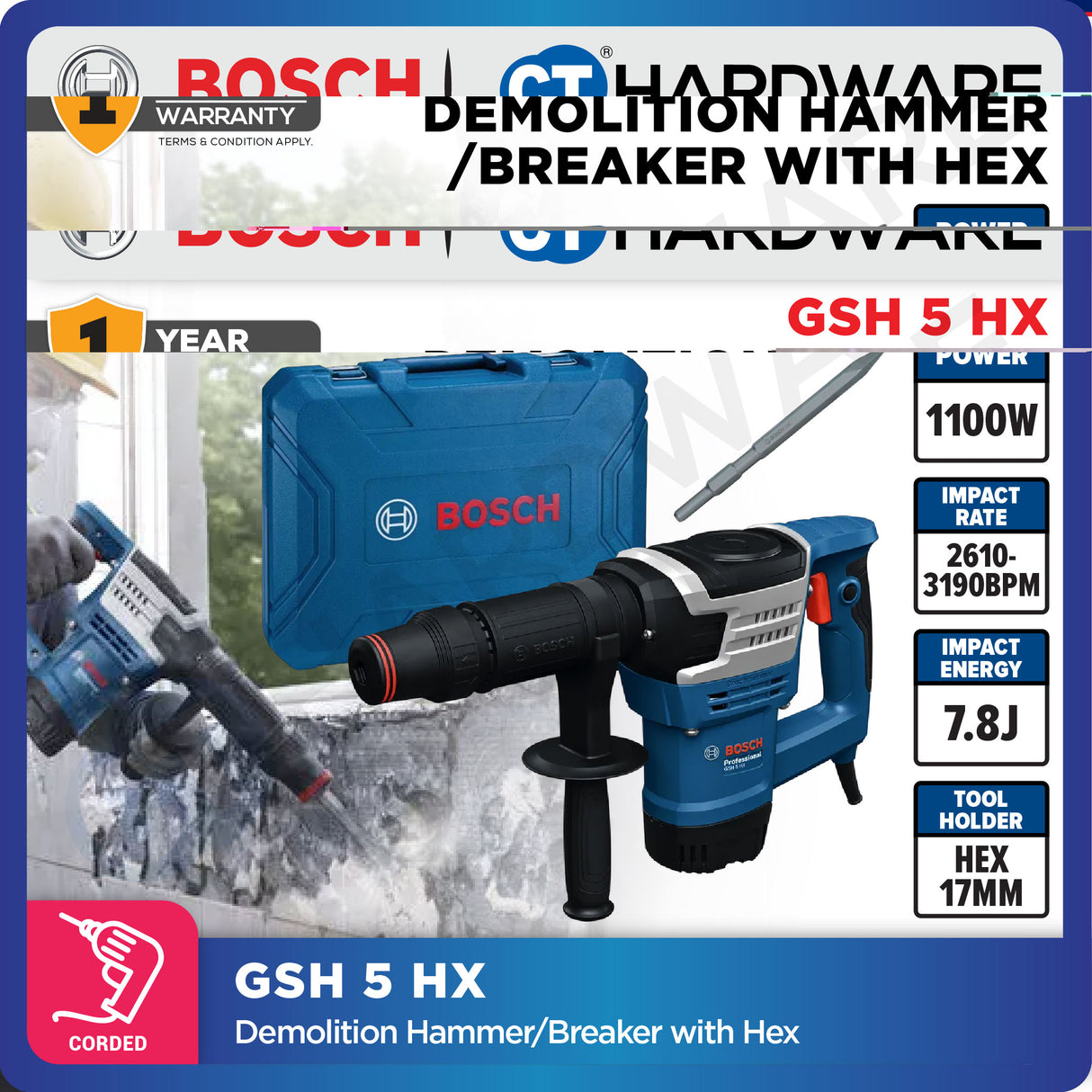 Bosch GSH 5 HX Professional Demolition Hammer/Breaker With Hex